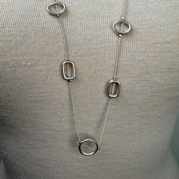 Silver Tone Modernist Necklace Circle Square Chain 40.5" - Picture 2 of 5